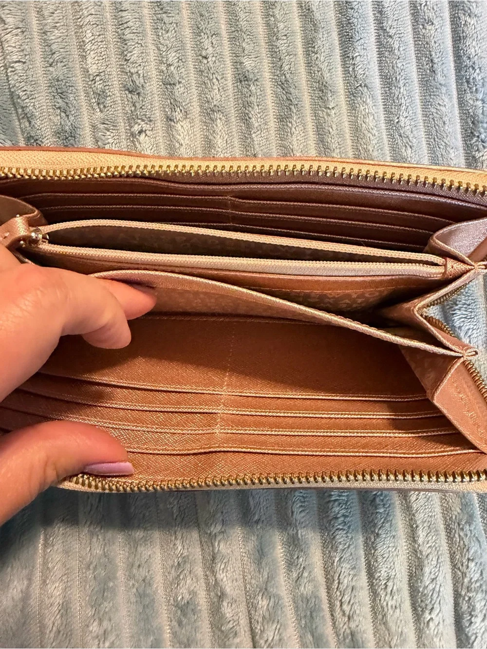 kate spade metallic rose gold zip-around wallet